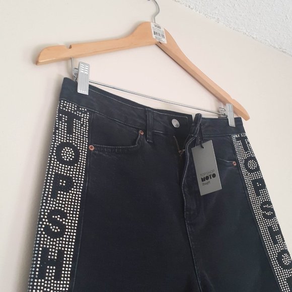 Diamond Embellished High waist Straight Leg Jeans, 99%Cotton Moto Ankle NEW 28 - Picture 8 of 10